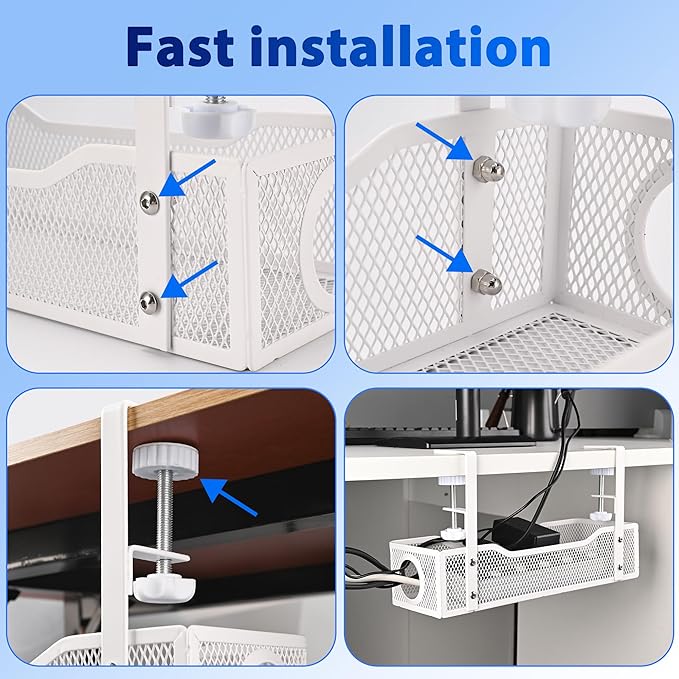 Under Desk Cable Management Tray Small – Clamp-Mounted Wire Organizer & Cord Management Under Desk Holder, No-Drill Metal Cable Tray for Home Office (White)