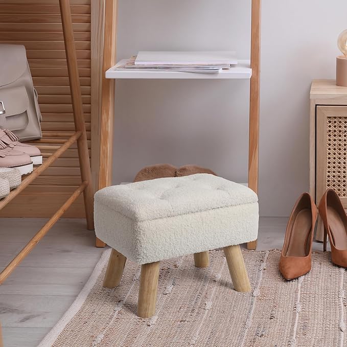 Storage Ottoman, Small Foot Stool Ottoman with Storage, Boucle Teddy Velvet Foot Rest with Padded Seat, Sturdy Wood Legs Stool for Living Room, Bedroom, Couch, Enterway (Cream)