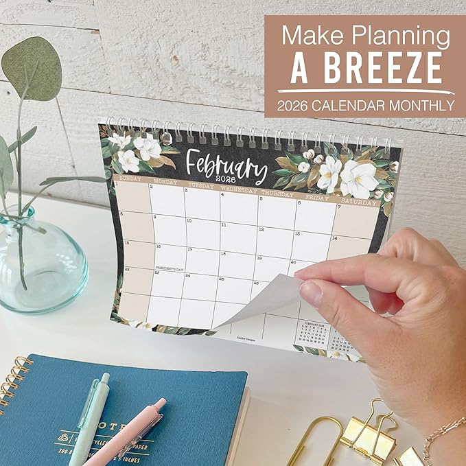 Small Desk Calendar 2026-2027 - Standing Flip Desk Calendars 2026, 18 Months Stand Up Calendars from Jan 2026 to June 2027, Magnolia Desktop Calendar Planner for Home, School, Office