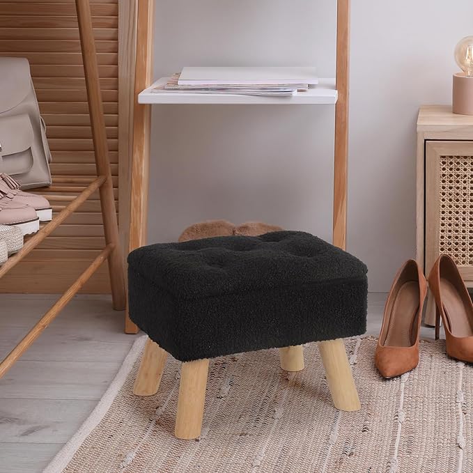 Storage Ottoman, Small Foot Stool Ottoman with Storage, Boucle Teddy Velvet Foot Rest with Padded Seat, Sturdy Wood Legs Stool for Living Room, Bedroom, Couch, Enterway (Black)