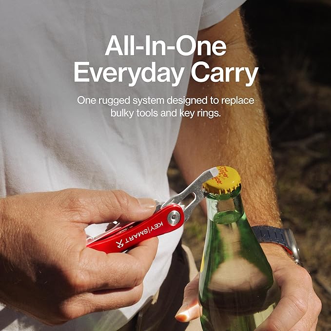 KeySmart Rugged - Multitool Key Holder for Keychain w/Bottle Opener and Pocket Clip, Key Organizer for Key Chain, EDC Keychains, Key Ring for Car Fobs Key Chains, Expandable (Up to 14 Keys, Red)