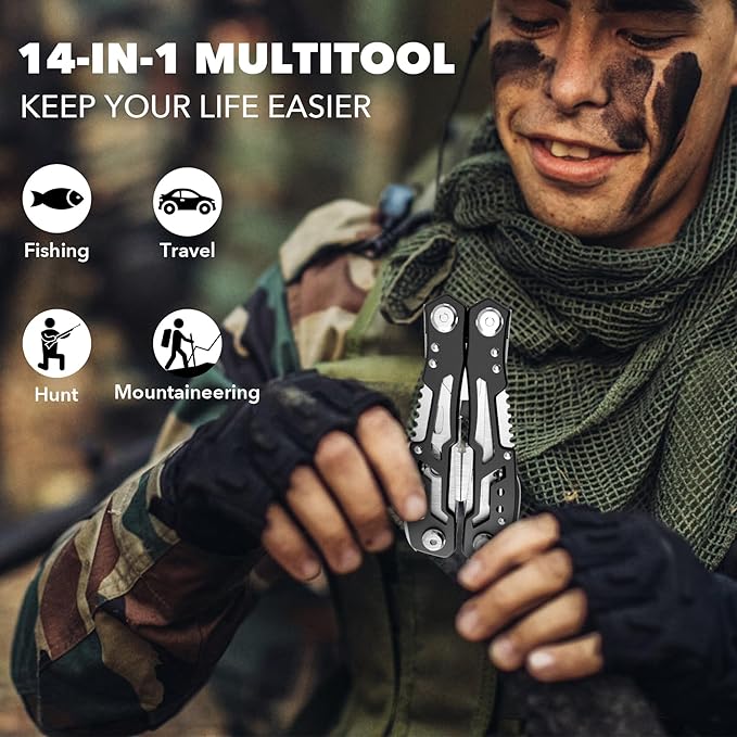 14-In-1 Multitool with Safety Locking, Professional Stainless Steel Multitool Pliers Pocket Knife, Bottle Opener, Screwdriver with Nylon Sheath ,Apply to Survival,Camping, Hunting and Hiking 1 Pcs