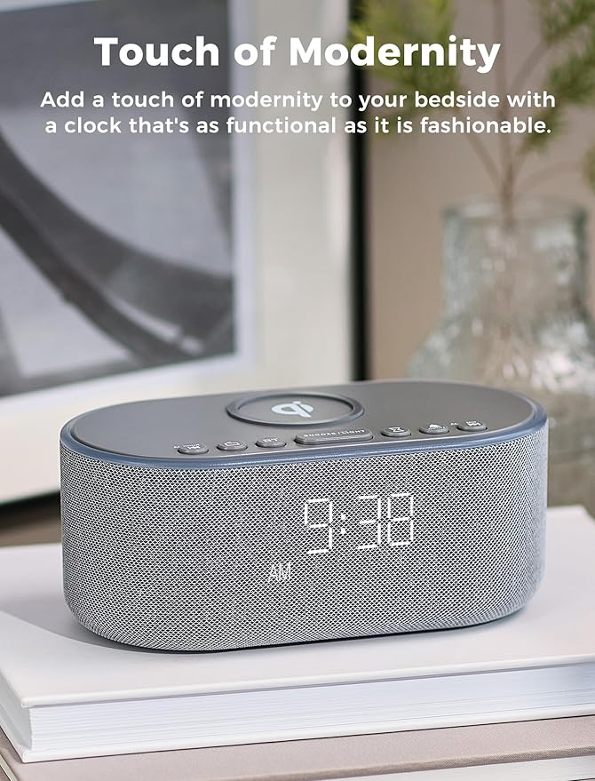 Wireless Charging Alarm Clock Radio: Qi Certified Fast Wireless Charger for iPhone Samsung - 10W Stereo Bluetooth Speaker - Dimmable Digital Clock with FM Radio for Bedroom Gray