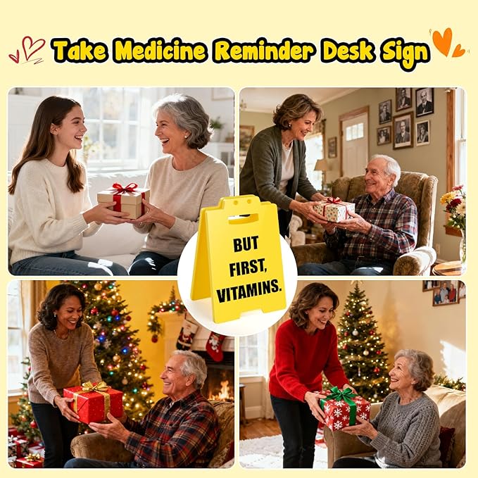 Vitamin Medicine Pill Reminder - But First Vitamins, Funny Daily Habit Desk Sign Health Medical Little Reminders Decor for Women Men Family Friend Galentines Valentines Day Birthday Gifts