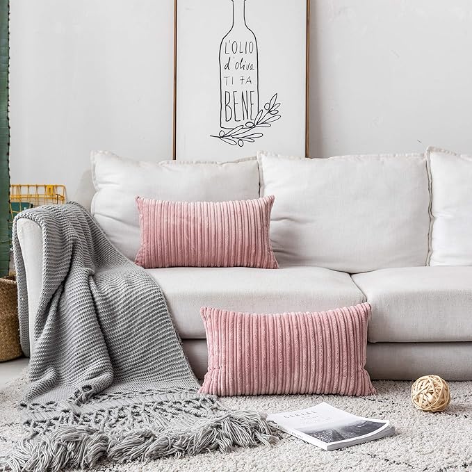 UGASA Velvet Pillow Covers Soft Striped Decorative Throw Cushion Case with Hidden Zipper for Valentine's Day Couch/Bedroom/Sofa, Cozy Solid Oblong Lumbar Pillowcase 1 Piece 12"x20", Baby Pink