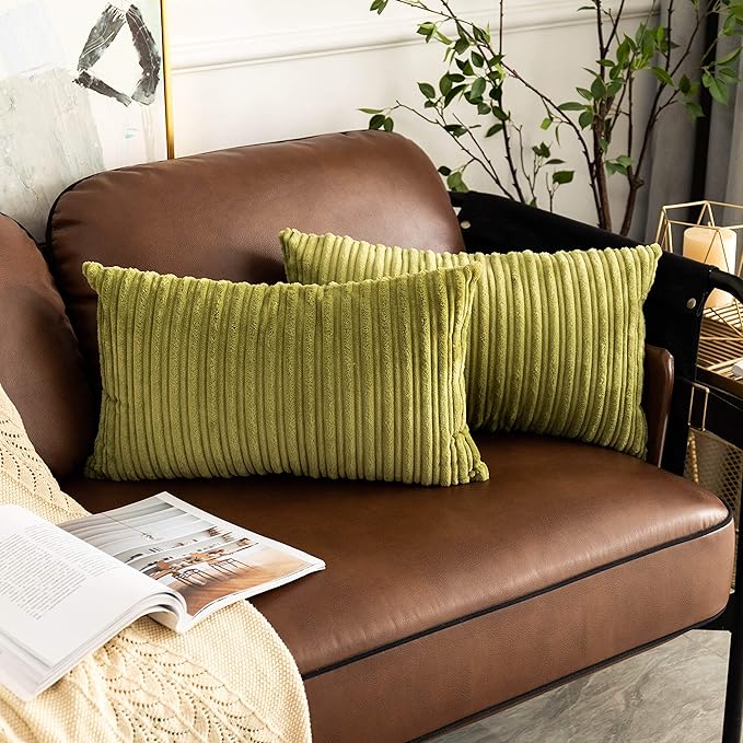 UGASA Pack of 2, Velvet Pillow Covers Striped, Soft Textured Throw Cushion Case Set, Accent Corduroy Lumbar Pillowcases with Hidden Zipper for Home Decor Indoor Outdoor (12"x20", Green)