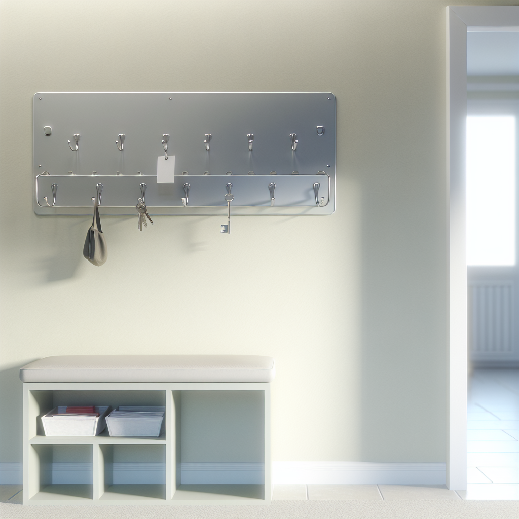 Modern entryway with wall-mounted organizer and catch-all tray holding keys and mail in a bright, clutter-free space