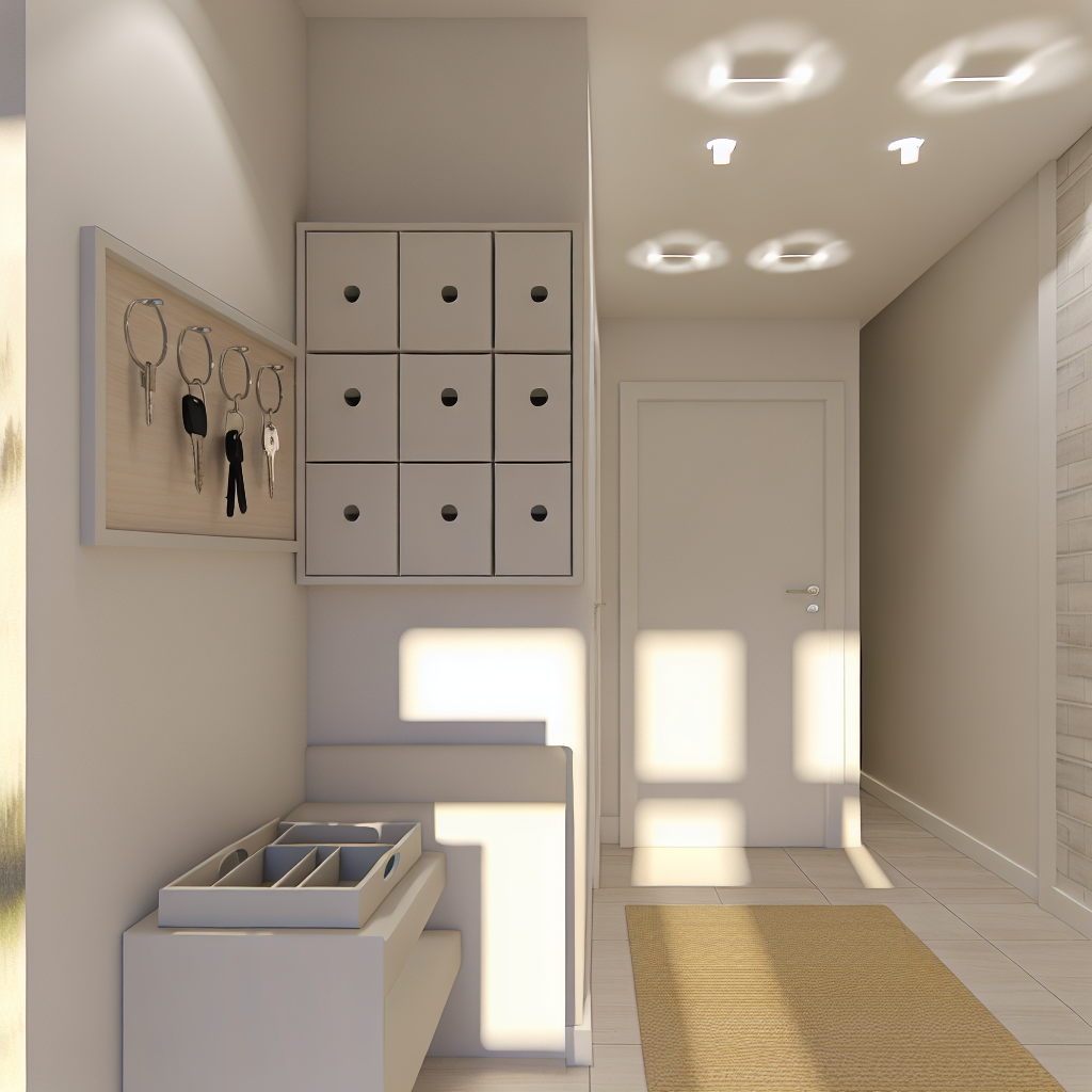 Small modern entryway featuring a wall-mounted organizer and key tray creating a clean and efficient landing zone