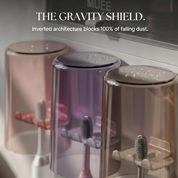 Wall Mount Toothbrush Holder with One-Touch Toothpaste Dispenser - 2 Secure Slot-in Inverted Cups, Hidden Top Storage Deck, Rental-Friendly Space-Saving Bathroom Organizer for Couples - Pro-Series