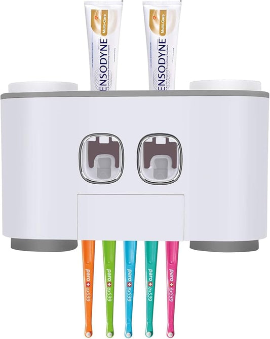 Toothbrush Holder Multifunctional Wall Mounted Toothbrush and Toothpaste Squeezer Kit with 2 Toothpaste Dispenser, 5 Toothbrush Slots, 4 Cups and 1 Storage Compartment Organizer for Bathroom