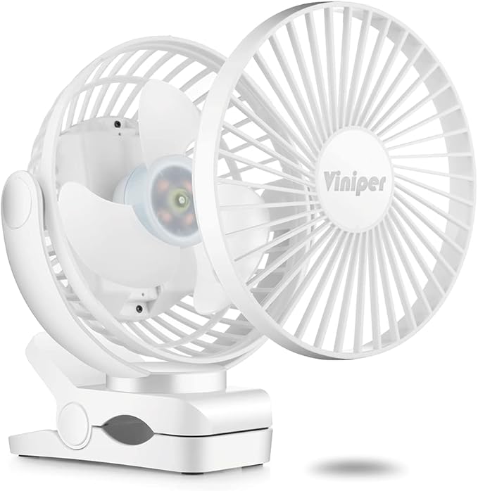 Viniper 6 inch Rechargeable Clip on Fan, 5000mah Battery Desk Fan : 360° Rotation & 3 Speeds Strong Wind Portable Fan, 8-30 Working Hours, Quiet and Powerful (White)