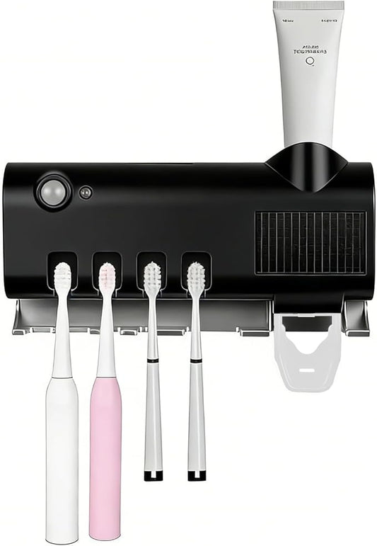Toothbrush Holders, Electric Wall Mounted Toothbrush Holder with Toothpaste Dispenser, 4 Slots,No-Drill Mounting,Intelligent Sensing,Rechargeable, for Bathrooms,Hotels,Dormitories,RV (Black)