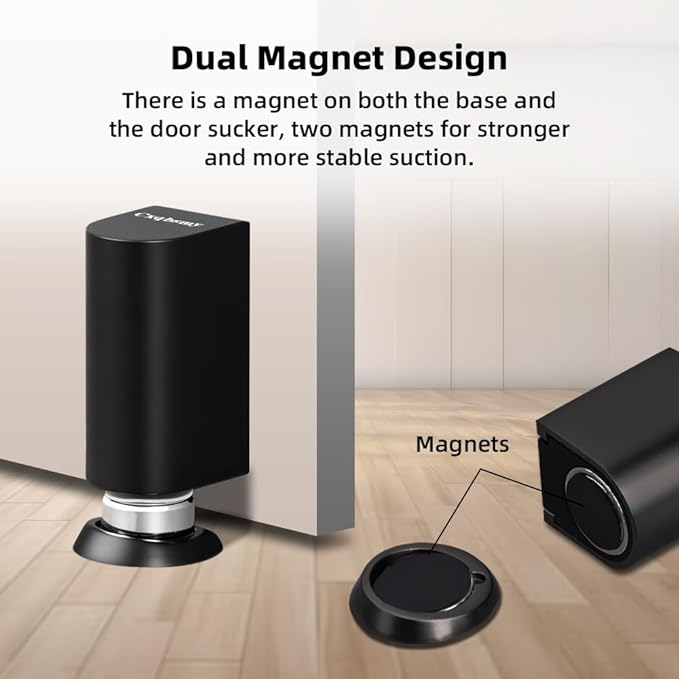 Windproof Magnetic Door Stoppers, Punch-Free Mechanical Floor Door Stop, Adjustable Height for Door Gaps, Heavy Duty Door Holder to Keep Door Open, No-Drill/Screws, Black Matte