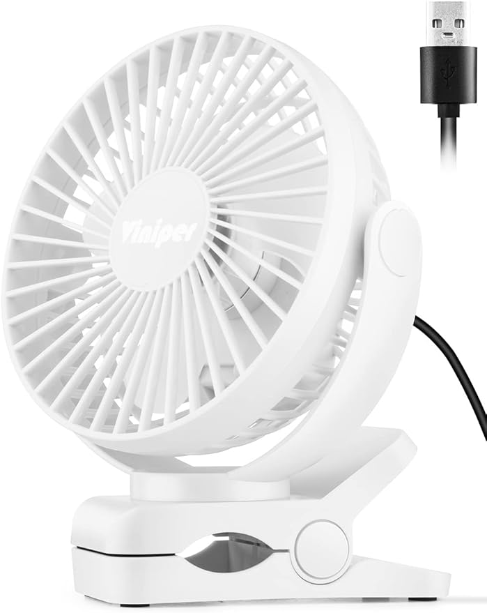 Viniper 6 inch USB Clip on Fan, Portable Small Desk Fan : 360° Rotation, 3 Speeds Wind Table Fan, Quiet Powerful for Home,Office (USB Powered Fan Not Rechargeable) - White