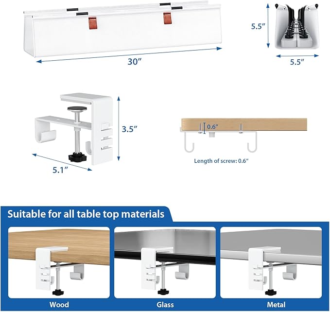 Zilink Under Desk Cable Management 30" No Drill Desk Cable Management Tray Clamp/Screw Mount Cable Tray Sturdy Waterproof Fabric Cord Organizer for Office, Home, White