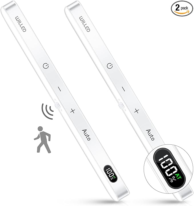 WILLED Under Cabinet Lights Rechargeable, Battery Display, 60 LED Touch Light Bar, Motion Sensor Light Indoor, Battery Operated Closet Light Wireless, Stick on Under Counter Lights for Kitchen(2 Pack)