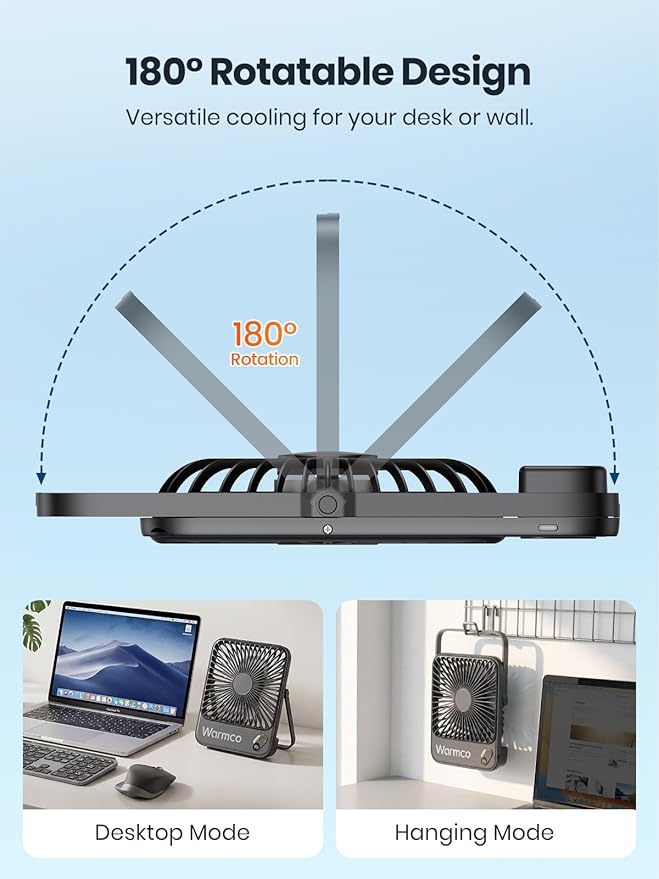 Warmco 10000mAh Portable Travel Fan 7-inch, Max 24H Runtime, Ultra-thin Quiet Rechargeable Battery Operated Desk Fan with Digital Display for Camping, Office, Bedroom, Cruise Essentials