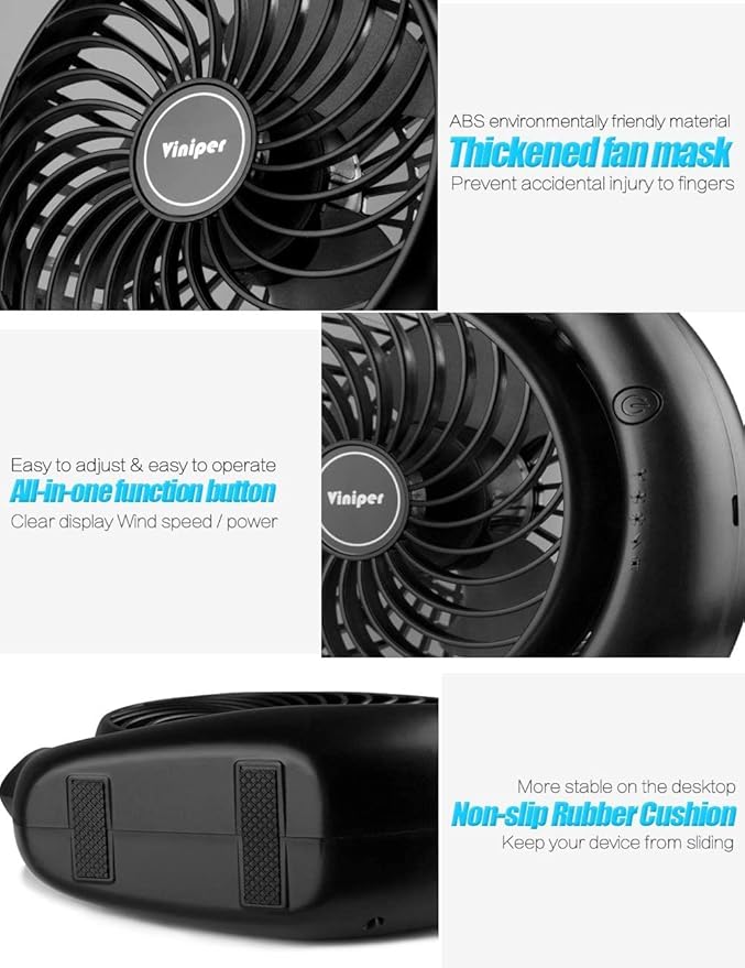 Viniper Portable Rechargeable Fan, Small Desk Fan : 3 Speeds & 8-24 Hours Longer Working, 180 Rotation, Portable USB Battery Fan for Office/Home (Black-Blue)6.2 inch