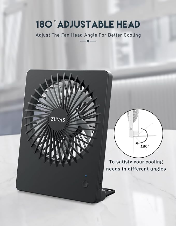 Zuvas Desk Fan Battery Operated Fan Rechargeable 180°Tilt Folding Personal Fan Ultra Quiet Small Portable 3 Speed Adjustable Strong Wind Fan For Office Bedroom Home Desktop Camping (Black)