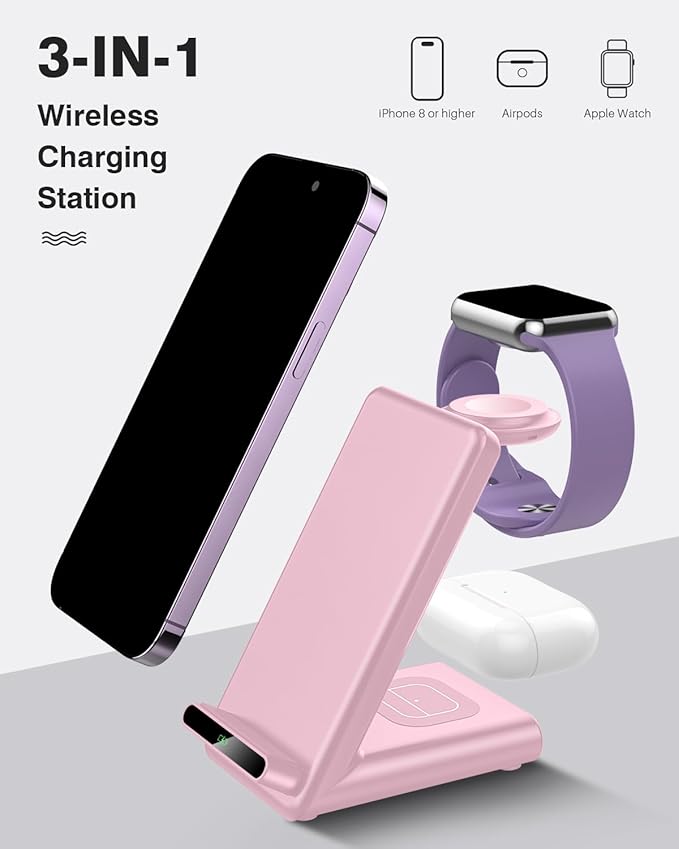 Wireless Charging Station,3 in 1 Charging Stand Made for Apple Watch Ultra 10 9 8 7 6 SE 5 4 3,Fast Wireless Charger Made for iPhone 16/15/14/13/12/11/X,for AirPods Pro(with Adapter) (Pink)