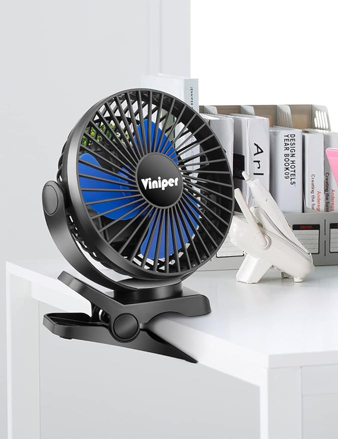 Viniper 6 inch Rechargeable Clip on Fan, 5000mah Battery Desk Fan : 360° Rotation & 3 Speeds Strong Wind Portable Fan, 8-30 Working Hours, Quiet and Powerful (Black,blue)