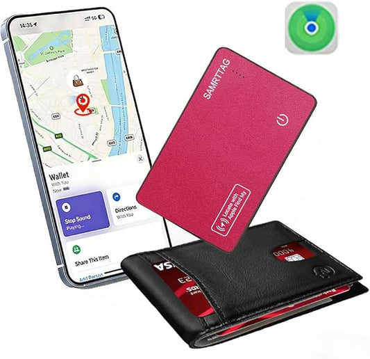 SMART LB Wallet Tracker Card Like Apple Air Tag Work with Apple Findmy(iOS only), Thin Wallet Finder, Wireless Charger(Not Include Charger), air Tags Card Tracker (Rose Red, Card)
