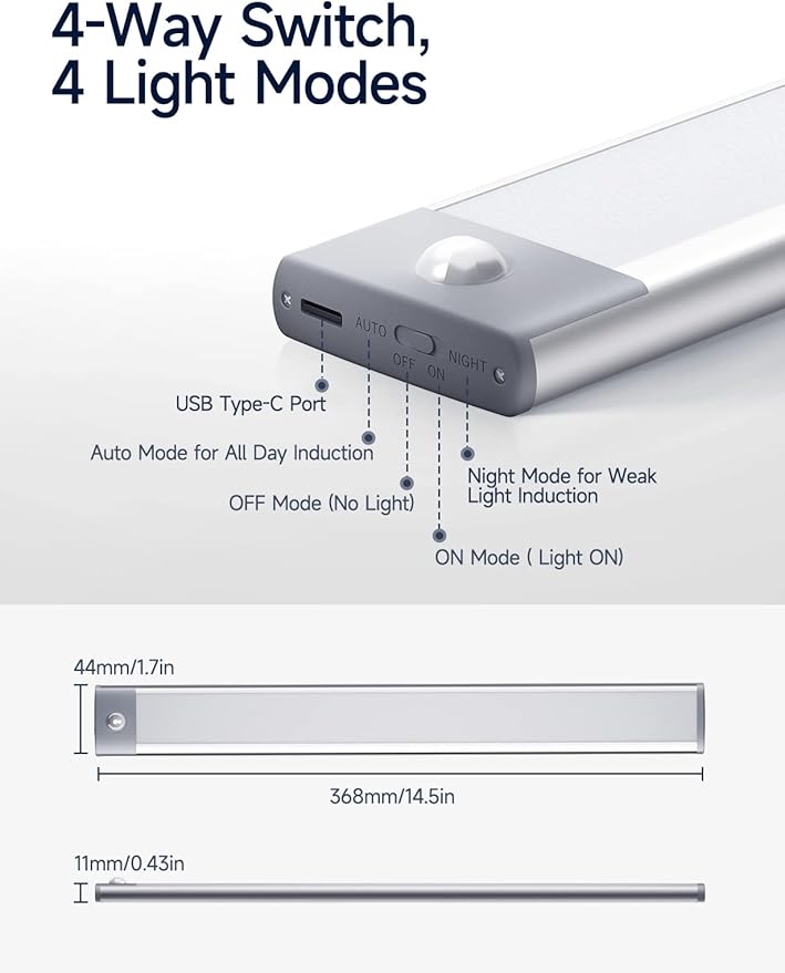 Under Cabinet Lights, Rechargeable Battery Operated Lighting, Wireless Motion Sensor Light Indoor,4 Modes Night Light, Stick-On Magnetic Closet Lights for Kitchen, Hallway(2 Pack 62LED Warm Light)