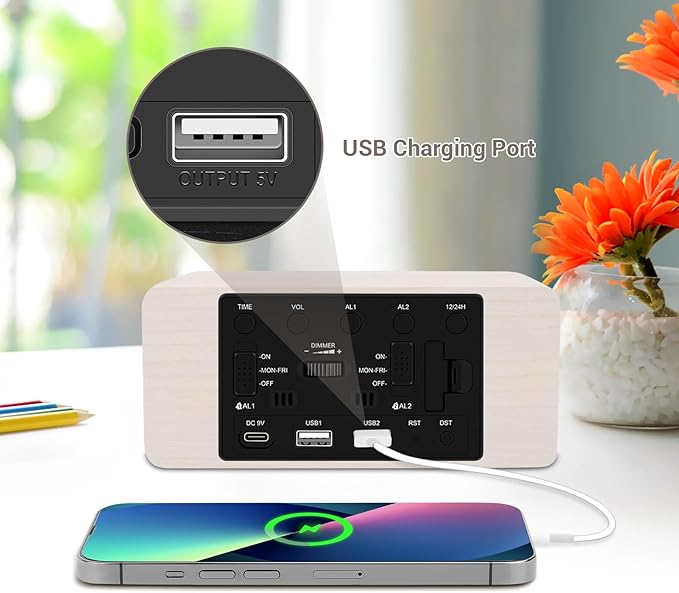 Wooden Digital Alarm Clock, 10W Fast Wireless Charger Station & 2 USB Charging Ports, with 0~99% Dimmer, Dual Alarm, Weekday/Weekend Mode, Wood LED Clock for Bedroom, Desk, Office
