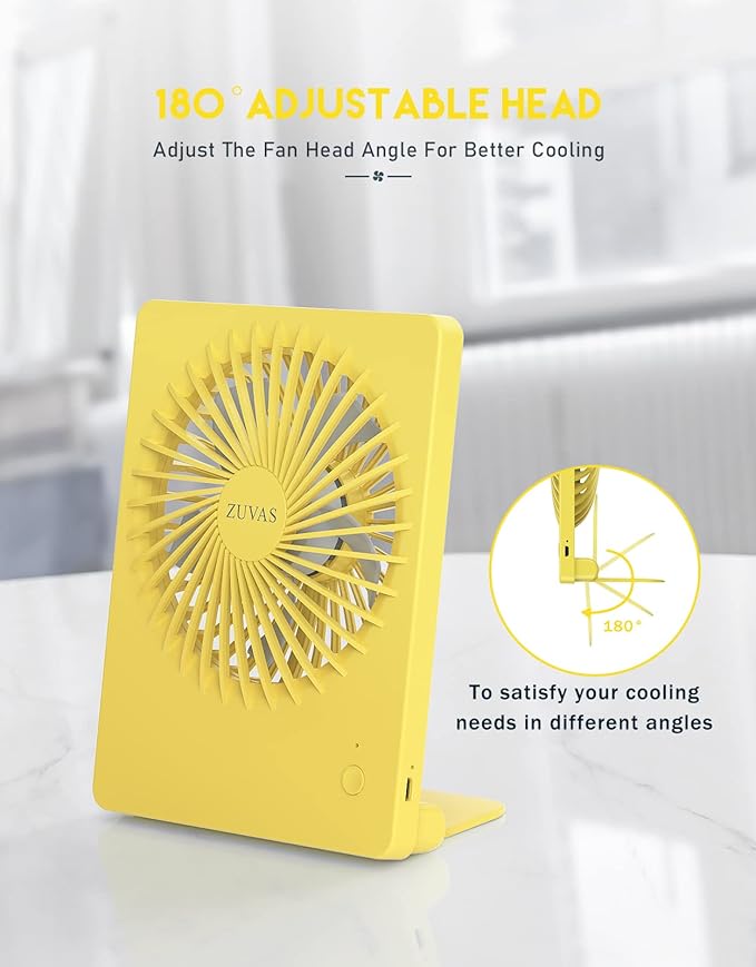 Zuvas Desk Fan Battery Operated Fan Rechargeable 180°Tilt Folding Personal Fan Ultra Quiet Small Portable 3 Speed Adjustable Strong Wind Fan For Office Bedroom Home Desktop Camping (Yellow)
