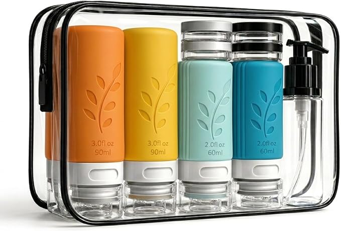 unigo Silicone Travel Bottles Set for Toiletries, Airplane Approved TSA Carry On Size, BPA Free Leakproof Refillable Squeeze Containers with Labels, Cleaning Brush and Covers (Multicolor B)