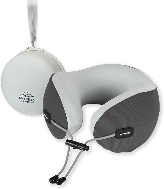 SKYTRAX COMF® Premium Ergonomic Memory Foam Travel Neck Pillow, Washable Cooling Ice Silk Cover, Firm Neck Support for Airplane Long Flights & Pain Relief, with Portable Carry Case (Grey)