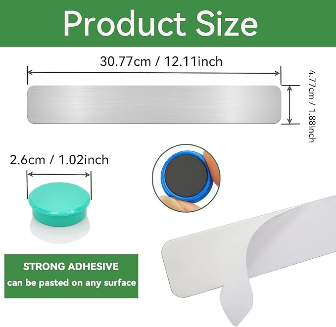 Magnetic Board Frameless Stainless Iron Board Strips Magnetic Strips with Adhesive Backing Magnet Board Magnetic Bulletin Board Bar Memo Board with 10pcs Colorful Magnets for Home Office (5PCS)