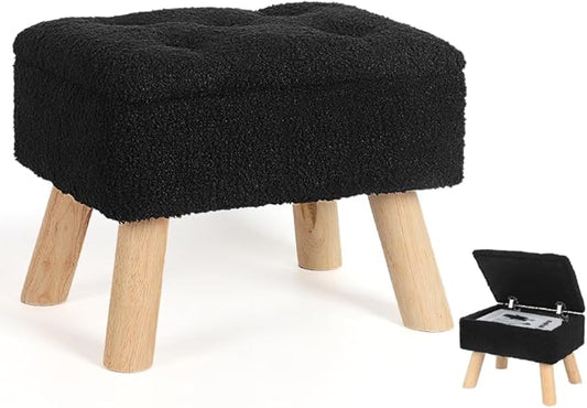 Storage Ottoman, Small Foot Stool Ottoman with Storage, Boucle Teddy Velvet Foot Rest with Padded Seat, Sturdy Wood Legs Stool for Living Room, Bedroom, Couch, Enterway (Black)