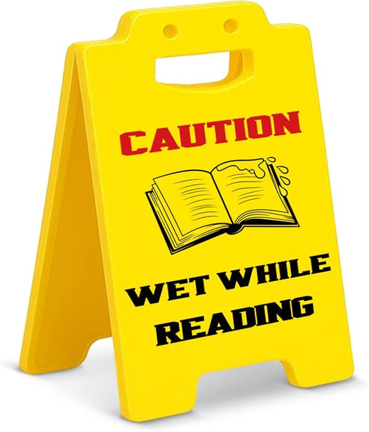 Wet While Reading Desk Sign, Funny Reading Sign Caution for Home Office Classroom Library Decor, Bookish Gifts for Book Lovers Bookworms Readers