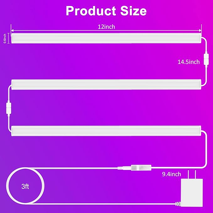 3 Pcs RGB Under Cabinet Lights Kit, Smart App and Remote Control Under Cabinet Lighting, Dimmable Under Counter Lights for Kitchen, Plug in LED Lights Bar for Cabinet, Counter, Workbench, Desk