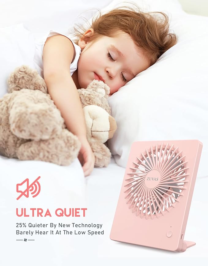 Zuvas Desk Fan Battery Operated Fan Rechargeable 180°Tilt Folding Personal Fan Ultra Quiet Small Portable 3 Speed Adjustable Strong Wind Fan For Office Bedroom Home Desktop Camping (Pink)