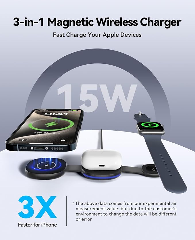 Wireless Charger iPhone Charging Station - 3-in-1 Magnetic MagSafe Charger Multiple Devices for Apple, 15W Fast Charging Foldable Travel Charging Pad for iPhone 17/16/15/14/13/12, AirPods, Apple Watch
