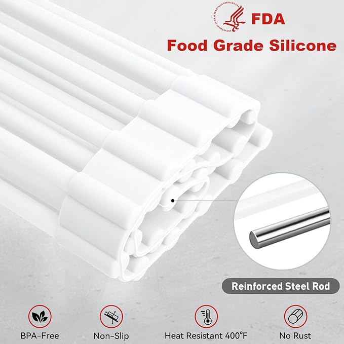 MERRYBOX Roll Up Over The Sink Dish Drying Rack Silicone Wrapped Foldable, Heat-Resistant, Anti-Slip Sink Rack Multipurpose Dish Drainer for Kitchen Sink Counter - White, 17.5" x 11"