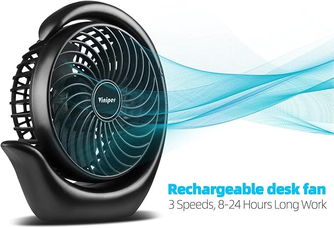 Viniper Portable Rechargeable Fan, Small Desk Fan : 3 Speeds & about 8-24 Hours Longer Working, 180 Rotation, Portable Battery Desktop Fan for Home/Office (Black, Light Black Blade)6.2 inch