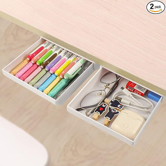 YOOUSOO 2 Pack Under Desk Drawer Organizer, Slide Out Pencil Holder, Desk Drawer Attachment, Plastic Desk Accessories & Workspace Organizers, Hidden Desktop Organizer Self-Adhesive