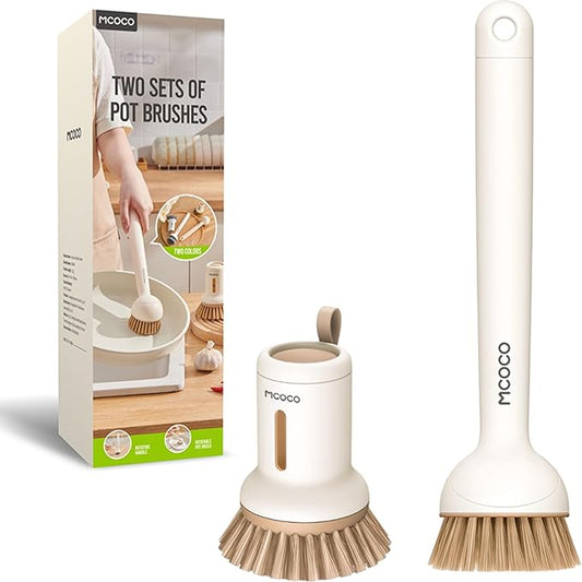 Dish Brush Set with Soap Dispensing Palm Brush Dish Scrub Brush with Soap Dispenser Palm Dish Brush Kitchen Cleaning Brush with Ergonomic Long Handle for Cleaning Sink, Pot, Pan, Stove, Yellow