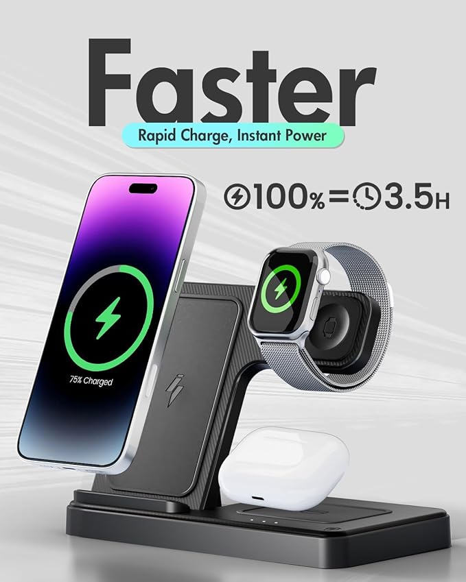 Wireless Charger iPhone Charging Station: 3 in 1 Charger Stand Multiple Devices for Apple - iPhone 17 16e 16 15 14 Pro Max 13 12 11 - Watch 11 10 9 8 7 6 5 4 3 2 SE and Ultra Series - Airpods 4 3 Pro