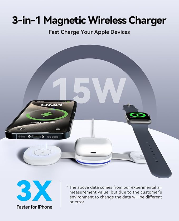 Wireless Charger iPhone Charging Station - 3-in-1 Magnetic MagSafe Charger Multiple Devices for Apple, 15W Fast Charging Foldable Travel Charging Pad for iPhone 17/16/15/14/13/12, AirPods, Watch White