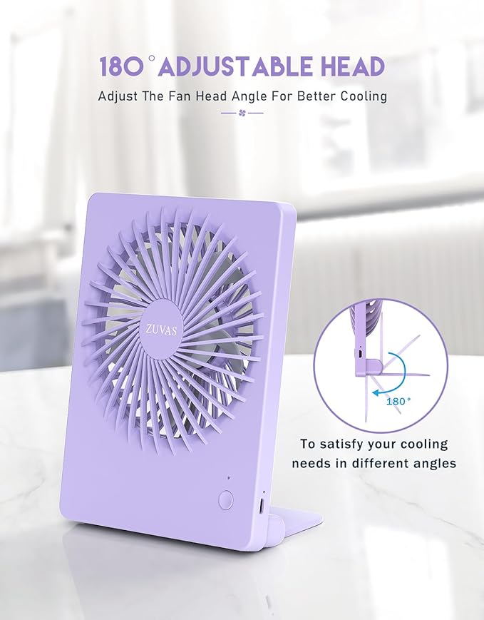 Zuvas Desk Fan Battery Operated Fan Rechargeable 180°Tilt Folding Personal Fan Ultra Quiet Small Portable 3 Speed Adjustable Strong Wind Fan For Office Bedroom Home Desktop Camping (Light Purple)