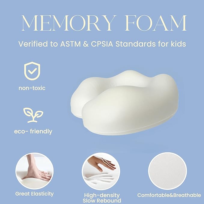 SKYTRAX® Certified Kids Safe Memory Foam Travel Neck Pillows for Kids and Toddlers Cute Cartoon Design, Car Seat & Airplane Head Neck Support, Adjustable Snap Buttons Washable Soft Cover (Butterfly)