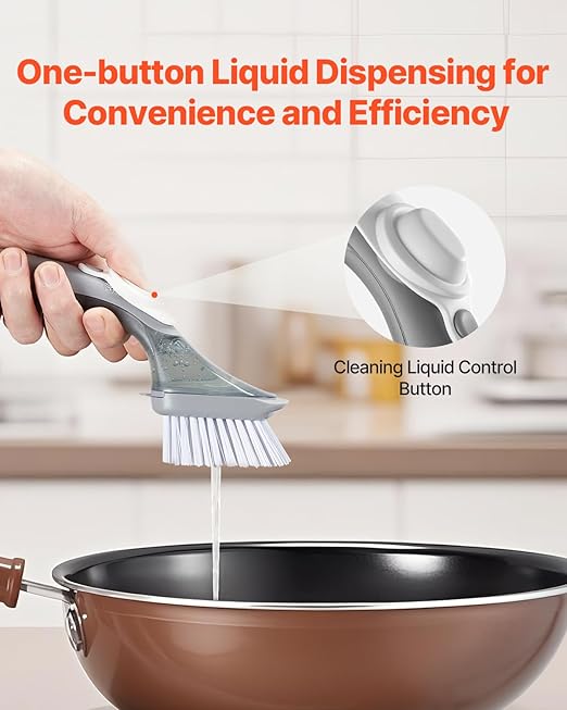 VEVOR Soap Dispensing Dish Brush, Kitchen Scrub Brushes with 3 Brush Heads, Dish Cleaning Brushes with PP Handle and Curved Bristles, Ideal for Pots, Pans, Sink and Stove