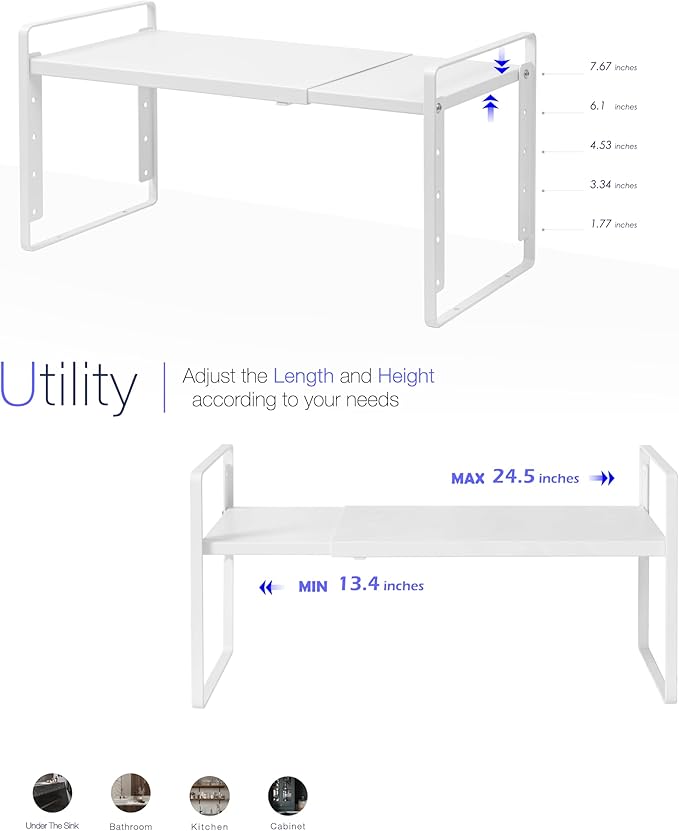 Nxconsu Cabinet Shelf Organizer Expandable 5 Heights Adjustable Stackable Rack Riser for Kitchen Pantry Cupboard Under Sink Organization Storage Space Saver Heavy Duty Metal White