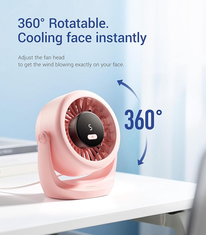 Diveblues USB Desk Turbo Fan, Ultra-Quiet Mini Desk Fan, Powerful Wind, LED Display, 5 Speed, 360° Rotating Small Portable Fan for Home, Office and Outdoor Cool Tech Gadgets - TurboBreeze