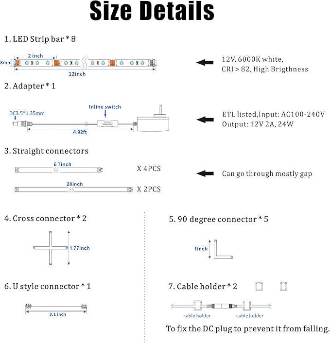 WOBANE LED Display Light Kit, Set of 8x12 inch LED Strip Bar, Cabinet Lighting for Showcase, Bookshelf,Kitchen Counter,Shelves,Rope Lighting with 24W Adapter,6000K White DIY Lamp,Cross Light