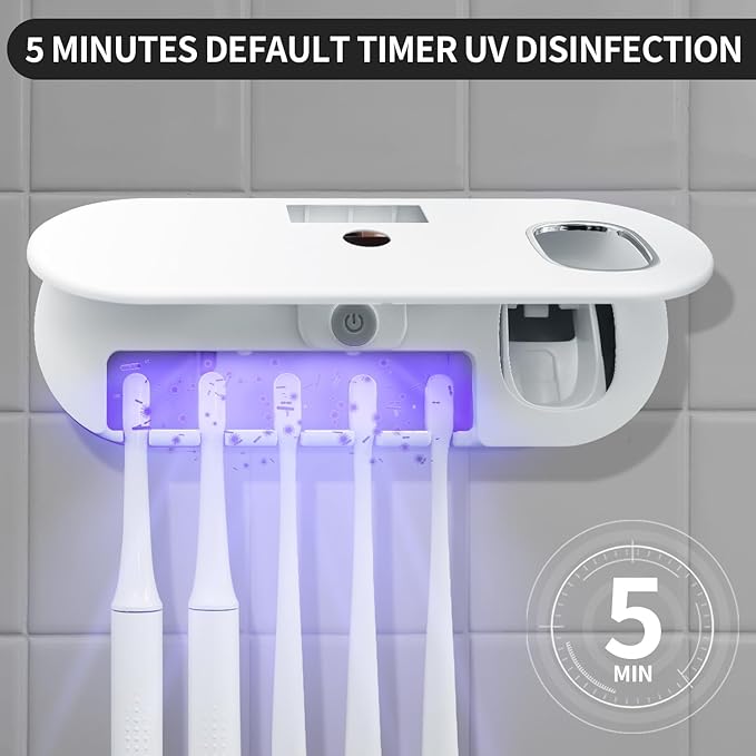 Toothbrush Holders - OVAS HOO Toothbrush Holder for Bathroom 5 Toothbrush Slots Toothbrush Holder Wall Mounted with Toothpaste Dispenser Chargeable Tooth Brushing Holder (White)